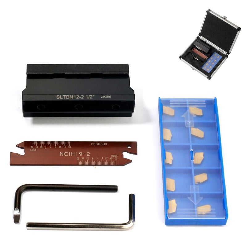 OSCARBIDE 1/2''Self-Lock Block SLTBN12-2 with Adjustable Blade NCIH19-2,and Tin Coated 10 pcs GTN-2 Carbide Inserts Parting Grooving Cut-Off Tool Set - Image 1